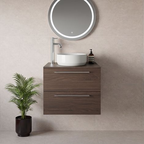 Napoli 460 Brown Oak 600mm Wall Mounted 2 Drawer Vanity Unit for Countertop Basins - 600mm - Chrome 320mm Handle