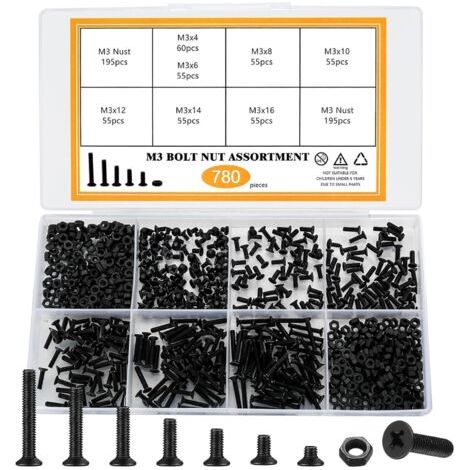 780 Pcs M3 Vis à Tête Fraisée avec Ecrous, Vis à Tête Plate Boulons et Écrous, Assortiment de Boulons Vis à Mécanique à Tête Cruciforme avec Ecrous (1/5)