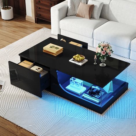 Tavolino nero 100x50x30 cm con 2 cassetti, LED USB e vetro temperato, MDF, MEUBLIV (1/5)