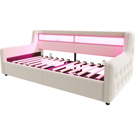 Letto contenitore imbottito 90 x 200 cm in velluto beige con LED, mensola e prese (1/5)