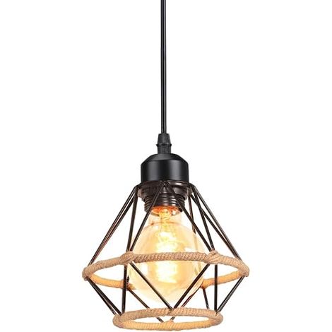 Lustre Suspension Industrielle 3 Lampes Diamant Chanvre Corde Métal LED Luminaire Plafonnier Abat-Jour Rétro E27 cuisine salon chambre Ø16cm (1/5)