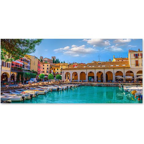 Lupia - Quadro moderno su Tela Canvas DEEP 65X143 cm, con paesaggi e localismi italiani, per casa, soggiorno, capezzale camera da letto, hotel, ufficio, BRESCIA - PORTO VECCHIO DI DESENZANO (1/4)