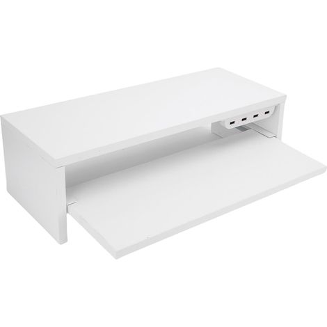Support d'affichage de Bureau avec Tiroir, Support de Moniteur en Bois avec Prises Secteur et Hub de Chargement USB, d'écran 'ordinateur Portable pour le Bureau à Domicile (Blanc crème) (1/5)