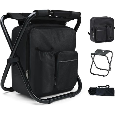 40CM Tabouret Pliable Camping avec Poche de Glacière Amovible, Siege de Peche avec Sac à Dos, Compact et Fonctionnel, Chaise Pliante pour Chasse Pique-Nique, Noir (1/5)