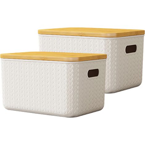 Lot de 2 boîtes de rangement rigides grande capacité avec couvercle en bambou, poignées anti-poussière, idéales pour ranger (1/5)