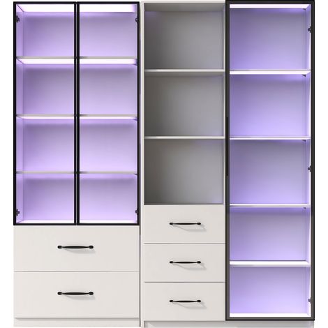 Vitrine LED 140×40×160 cm en panneaux de particules avec verre trempé teinté, LED multicolore, charnières à fermeture douce, modules combinables (1/5)