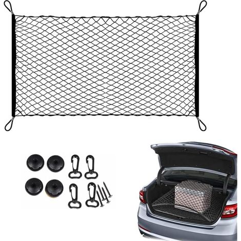 Filet de Rangement pour Coffre de Voiture,Grande Taille 70 x 120 cm - Bagages Fixe en Flexible Nylon Élastique,Organisateur Stockage avec Vis et 4 Crochets,Universel pour Camion,Véhicules Utilitaires (1/5)