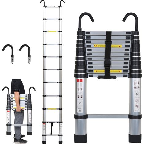 SWANEW Scala telescopica con scala di estensione del gancio fino a 150 kg scala a pioli in alluminio stabile argento 3.2 m (1/5)