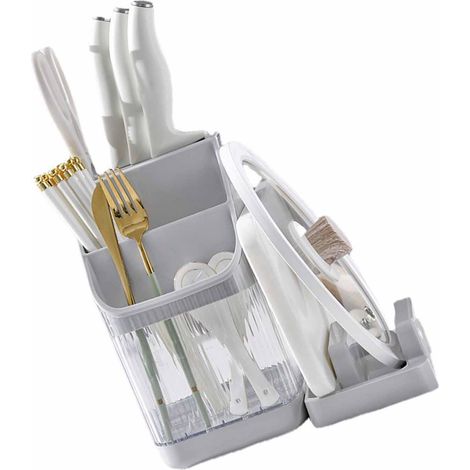 Bloc à couteaux avec bac de rangement égouttoir, organisateur d'ustensiles de cuisine transparent gris (1/5)