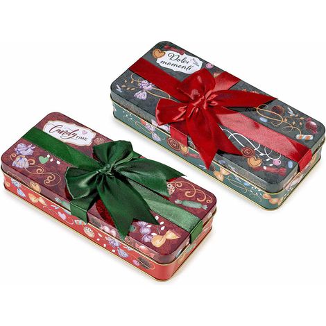 Boîtes de Noël en métal contact alimentaire forme paquet cadeau avec nœud, set de 4, 21 x 9,5 x H. 4 cm