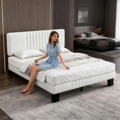 Lit double - YIDATONG - 140x190 Luxe - Tissu velours vert - Tête rembourrée - Sommier à lattes bois (1/5)