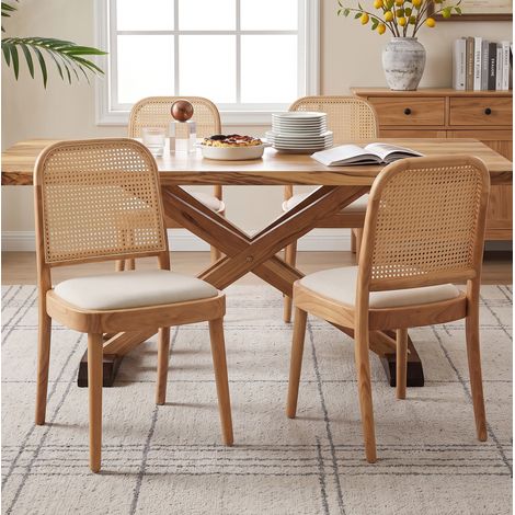 Sedia da sala da pranzo in legno e rattan, set da 2, colore legno OKMYHOME (1/5)