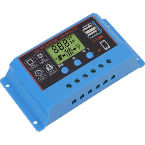 Contrôleur de Charge Solaire 12V/24V LCD 20A avec USB, ABS Noir/ Bleu pour Panneau Solaire, Enseigne Lumineuse et Signalisation d'Alerte (1/4)