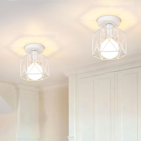 Lot de 2 Plafonnier Industrielle en Métal Cage Carré, 15CM Lustre Abat-jour Fer Luminaire E27 40W Lampe de Plafond pour Salon Chambre Bar, Blanc (Hexagone) (1/5)
