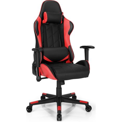 COSTWAY Sedia da Gaming Girevole a 360°, Sedia Ergonomica per Computer per Gaming con Poggiatesta e Cuscino Lombare, Angolo Reclinabile Regolabile (Rosso) (1/5)