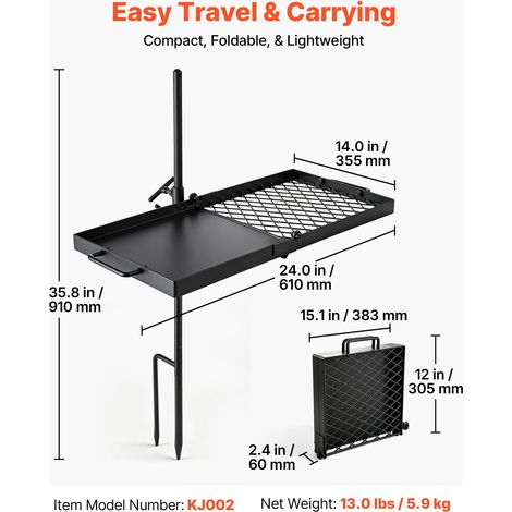 Grille de Feu de Camp Pivotante Gril de Camping sur Piquet 61 cm, Matériel de Barbecue pour Feu de Bois BBQ, En Acier Résistant, Ha… (1/5)