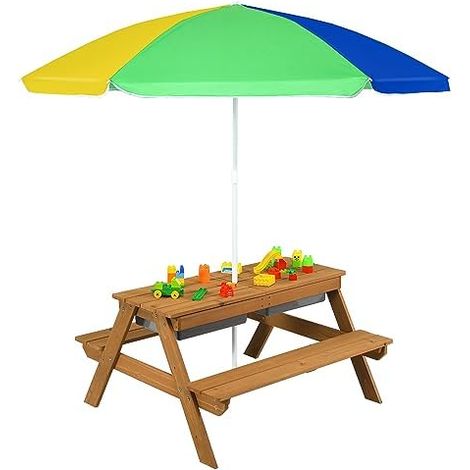 Table de Pique-Nique 3 en 1 pour Enfant, Table de Jardin avec Parasol et bancs, Ensemble de sièges pour Enfants en Bois avec Plateau Amovible et 2 boîtes de Jeu (1/5)