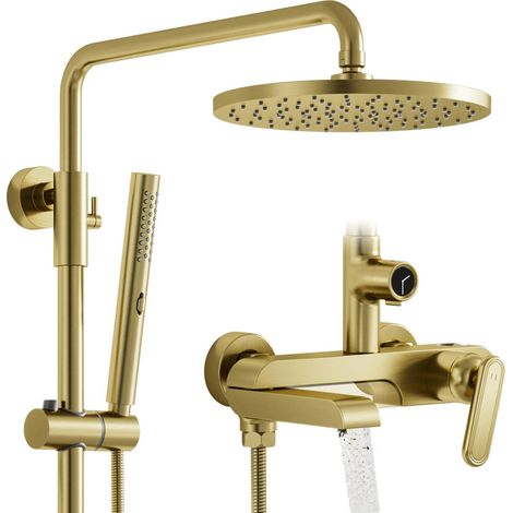 Columna Ducha, Set de ducha en oro cepillado, cuerpo de latón macizo Sistema de ducha multifunción con rociador superior de 250 mm, ducha de mano con 3 modos de chorro y caño de bañera oculto (1/5)