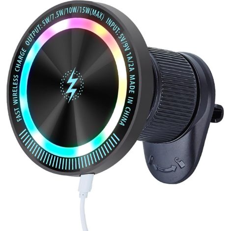 Supporto girevole per telefono da auto da 15 W, supporto di ricarica per cruscotto, supporto per bocchetta dell'aria con luce LED per telefono 16 15