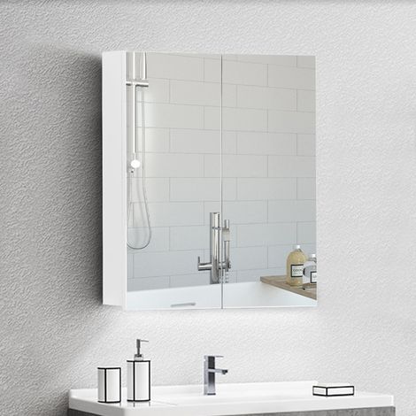 Armoire de Salle de Bain avec Miroir 50x13x60 CM, Armoire de Toilette Rangement avec 2 Porte 3 Etagères Reglables, Murale Salle de Bain en Bois Etanche (1/5)