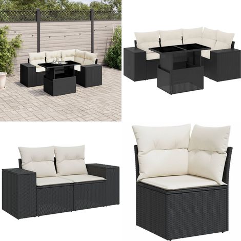 Salon de jardin 5 pcs avec coussins noir résine tressée - Ensemble Salon Jardin - Meuble Extérieur - Jardin Design - Mobilier Résistant Aux Intempéries - Chaise Longue - Home & Living (1/5)