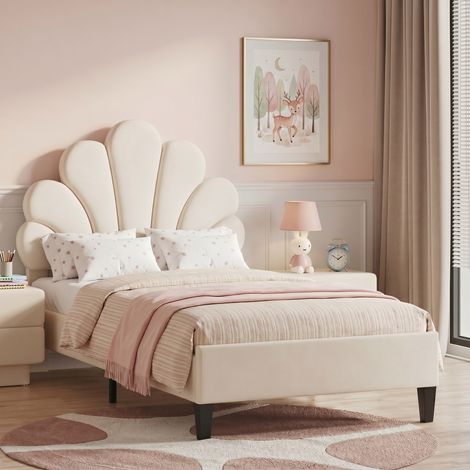 BLANKETSWARM - Lit enfant 90x200 cm, lit fille 90x200 cm avec tête de lit florale lit fille princesse lit simple rembourré pour fille, Beige