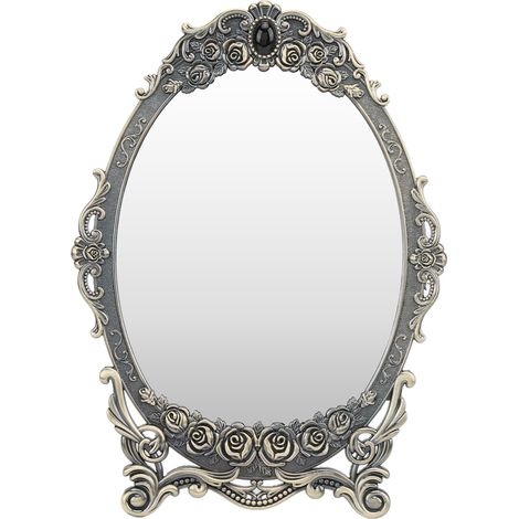 Miroir de maquillage rétro de bureau, fleurs gaufrées, bord perlée, image claire, miroir vintage décoratif en cuivre, fonctionnel. (1/5)