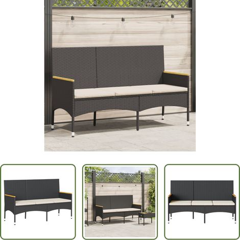 vidaXL Rattan - Gartenbank 3-Sitzer mit Kissen Schwarz Poly Rattan (1/5)