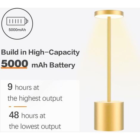 Lampe de table sans fil rechargeable, 3600mAh lampe de bureau LED en métal design charge usb, 3 modes de couleur, pour chevet, exterieur, terrasse, restaurant-RAPANDA (1/3)