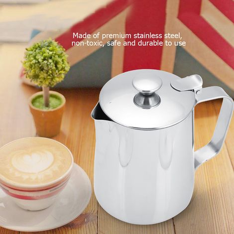 Kaffeetasse aus Edelstahl, Milchkännchen mit Deckel für Latte Macchiato und Kaffeekunst (350 ml) (1/5)