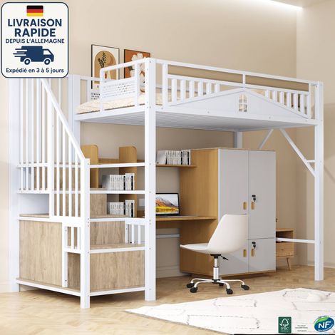 MODFU - Cama alta infantil de metal 90x200cm con 1 contenedor, sin colchón, anticaída, color blanco