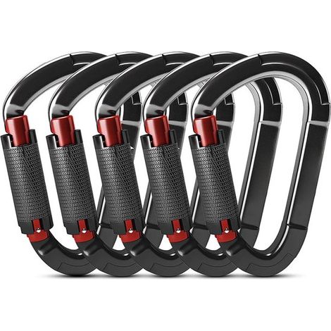 Lot de 5 mousquetons 25 kN à verrouillage automatique en aluminium, pour escalade, hamac, balançoire et laisse pour chien, noir (1/5)