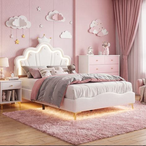 Lit enfant rembourré 140x190 avec LED,lit simple pour fille,avec tête de lit princesse couronne et sommier à lattes,PU blanc