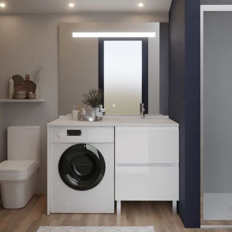 Waschmaschinenschrank IDEA versetztes Waschbecken + Elegance-Spiegel h105 - Weifl - Rechtes Waschbecken (1/4)