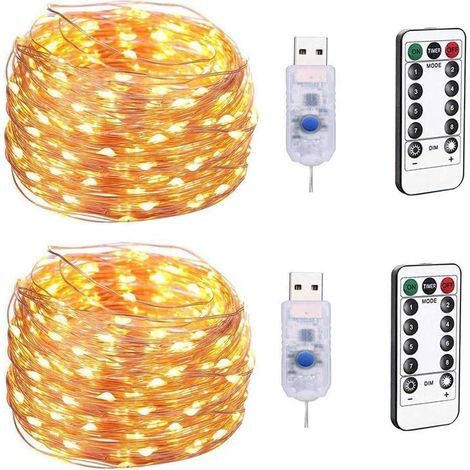 USB Christmas Fairy String Light 100LED, 10M Lampe décorative étoile à 8 Fonctions, Guirlande Lumineuse en Fil de cuivre étanche avec télécommande (2pcs) Lumière Chaude (1/5)