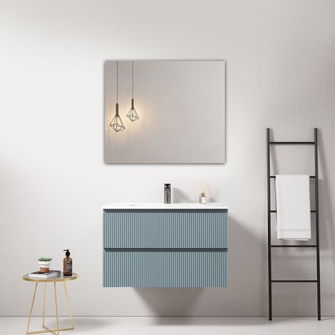 Mobile bagno sospeso cannettato 80 cm Blu Avio Lavabo in Ceramica Specchio Quadro - Fiji Paint (1/4)