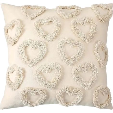 Housse De Coussin - Motif Coeur Brodé - 45 7 X 45 7 Cm - Pour Oreiller 45 X 45 Cm - Fermeture Éclair Invisible - Coton Lin - Beige - 1 Pièce (1/5)