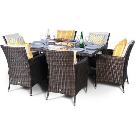 Savannah Fire Pit 6 Seater Rectangle Rattan Dining Set - Brown (1/5)
