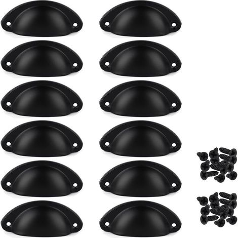 Poignée de meuble - Coquille demi-lune - Noire - Vis incluses - Lot de 12