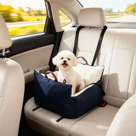 Seggiolino auto per cani con cintura di sicurezza e attacco, seggiolino auto imbottito per cani, 49x53x36 cm, blu navy