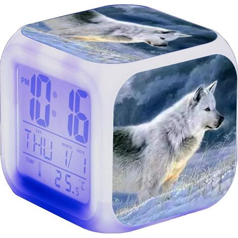 Réveil LED Wolf pour enfant - Réveil de nuit - Réveil carré avec écran LCD lumineux - Motif loup (16) (1/5)