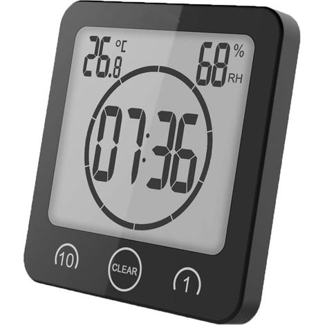 Horloge de Salle de Bain, Horloge de Douche Contrôle Tactile étanche, Alarme Numérique LCD, Thermomètre Hygromètre, Minuterie de Compte à Rebours, Alimenté par Pile, pour Maquillage Cuisine (Noir) (1/5)