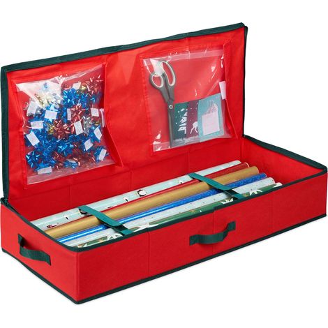Relaxdays Contenitore Carta Regalo, Scatola Scomparti Porta Rotoli, Nastri, Palline, Addobbi Natale e Feste, Rosso Nero