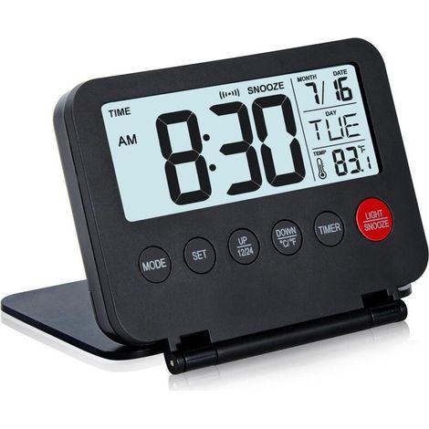 Petit réveil de voyage numérique, grand écran LCD, bouton frontal avec affichage de la date et de la température, fonction snooze et rétroéclairage de 8 secondes, fonctionne avec des piles AAA (1/5)