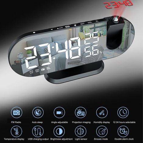Reloj de pared y proyección LED de alta calidad con pantalla de espejo, USB 5V, blanco/metálico, pantalla grande, despertador digital, batería CR2032, 21 x 9,8 x 2,3 cm, brazo giratorio de 180°, manua (1/5)