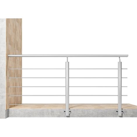 Garde-corps aluminium argenté mat 2m, avec 5 traverses et 1 main courante, pose latérale contre le mur, en kit complet
