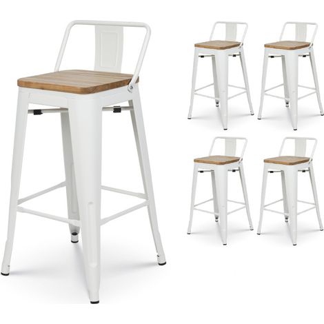 Set mit 4 mattweißen Metallhockern im Industriestil mit Rückenlehne und Sitz aus hellem Holz - Höhe 66cm (1/5)