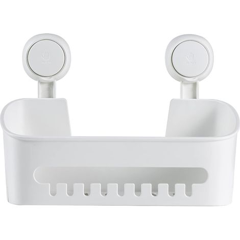 Estantería reutilizable de plástico blanco autoadhesiva con ventosas, para baño, cocina o sala de estar. (1/5)