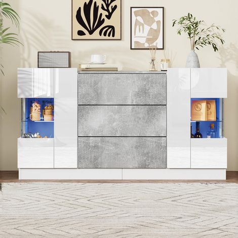 Buffet blanc laqué effet marbre gris 140x35x75 cm 2 portes 3 tiroirs éclairage led (1/5)