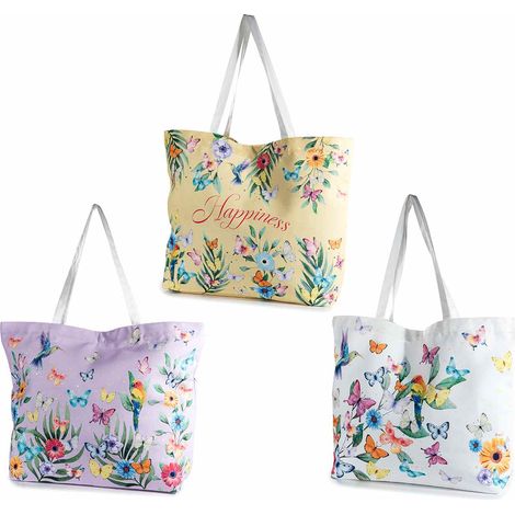 Borse in stoffa con decori fiori e farfalle colorate, set da 6 pezzi, cm 58x15x43H (con manici 72)